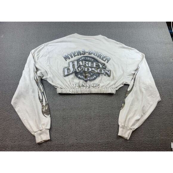 VTG Harley Davidson Cropped Graphic Shirt Size Small Camo Flames Tulsa Oklahoma - Picture 2 of 11